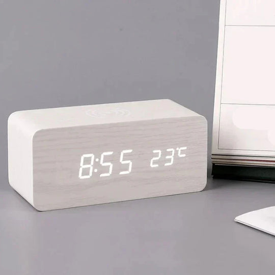 WoodAlarm Wooden LED Alarm Clock with Wireless Charging