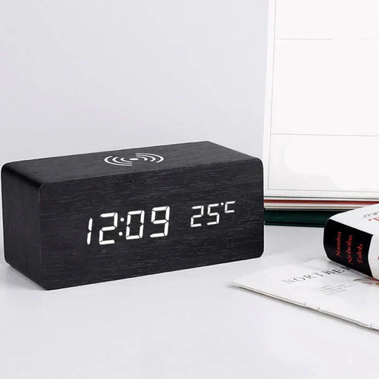 WoodAlarm Wooden LED Alarm Clock with Wireless Charging