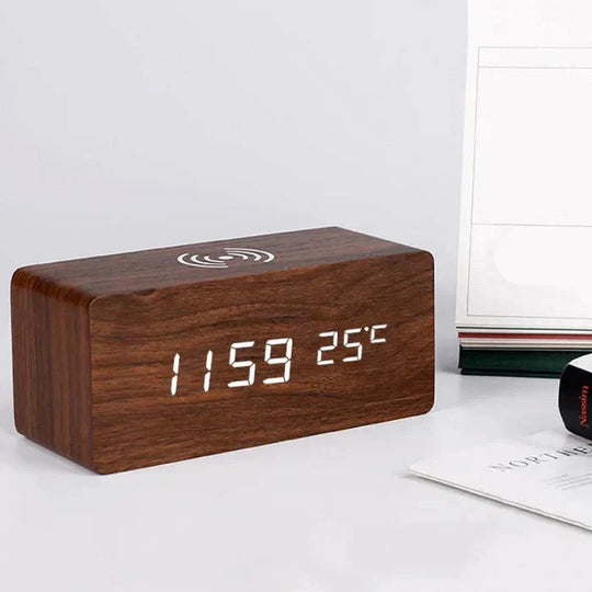 WoodAlarm Wooden LED Alarm Clock with Wireless Charging